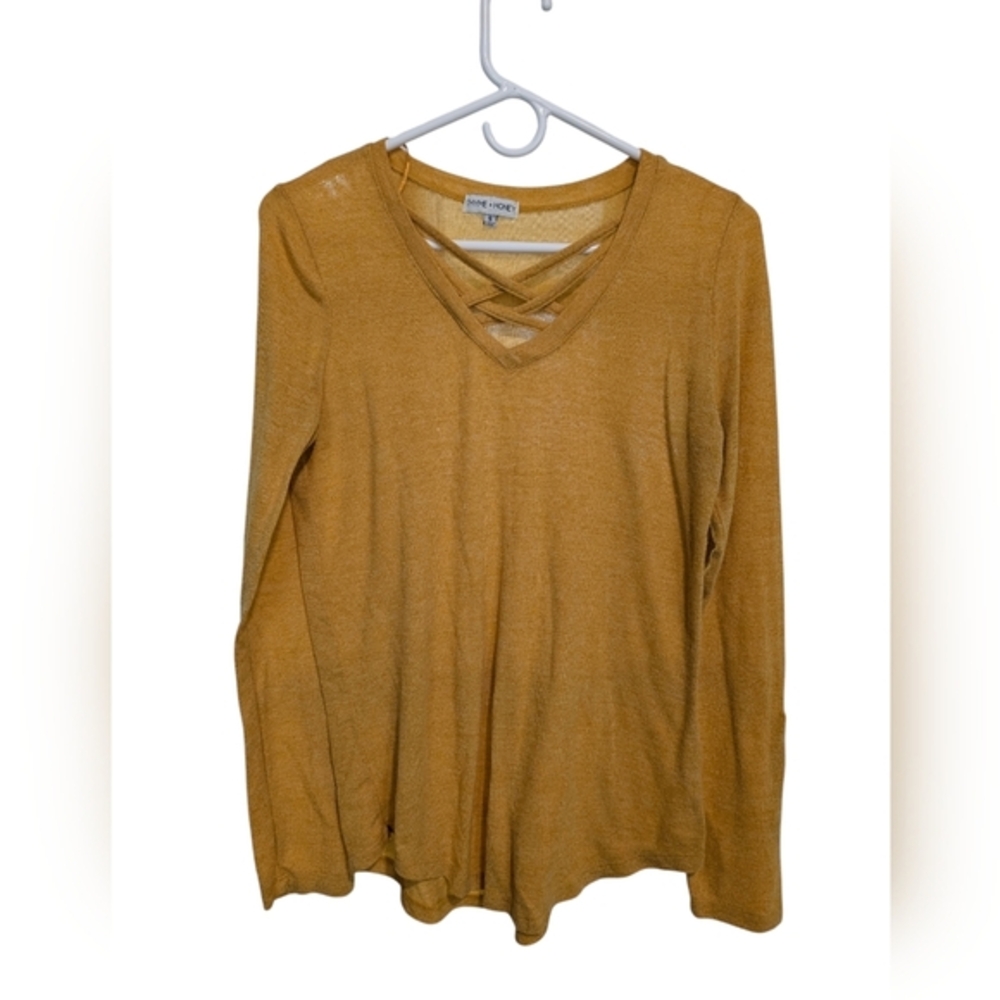 Thyme + Honey Mustard Yellow Strappy V-Neck Roll Tab Sleeve Top‎ Small